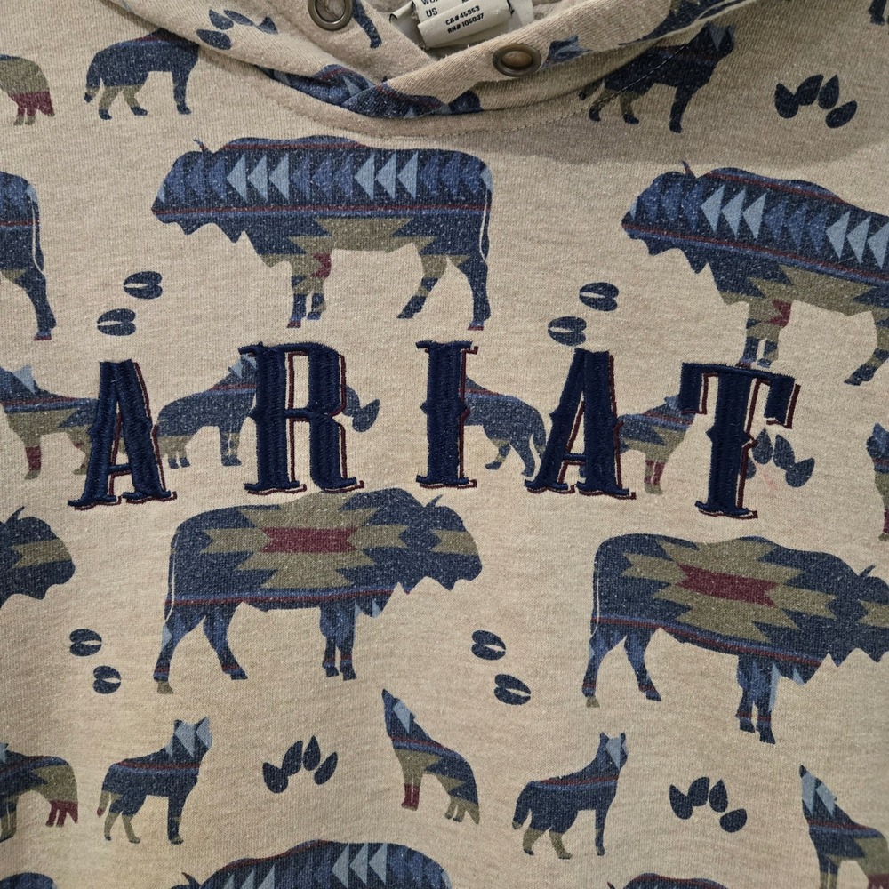 Ariat Real Hoodie Women Medium Tan Buffalo Wolf Southwestern Print Pullover